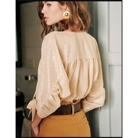 Sezane Womens 4 US Metallic Button Up Blouse 3/4 Ruched Sleeve Shirt Top - Picture 3 of 13